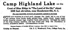 Newspaper advertisement for Camp Highland Lake for boys